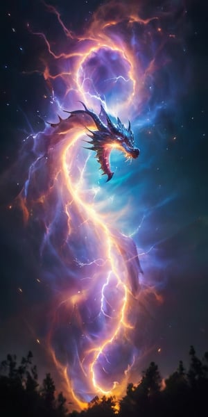 A dragon of pure energy, its body crackling with lightning-like tendrils of light that arc and twist around its sleek form. It flies through a field of shimmering auroras, its presence seemingly causing the lights to intensify, creating a stunning display of color and motion in the night sky.
