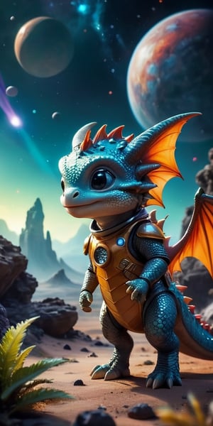 Space Adventure A baby dragon wearing a tiny spacesuit explores the surface of a mysterious planet. Behind it, a spaceship hovers, ready to take off. The dragon's curiosity is evident as it examines strange, glowing rocks and alien plants.