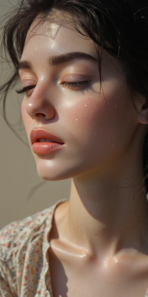 A woman’s close-up with subtle and elegant 
beauty, her eyes closed in a peaceful moment, gentle sunlight on her skin, with soft shadows giving depth to her expression, a neutral, faded background.


