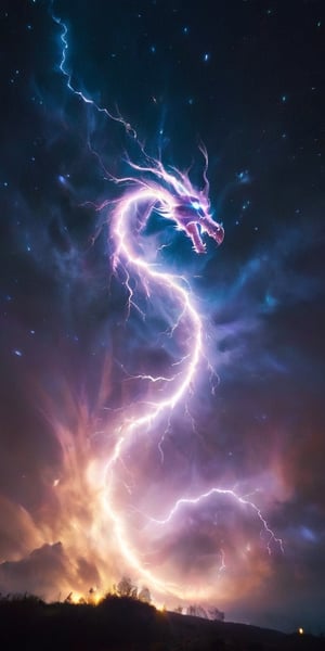 A dragon of pure energy, its body crackling with lightning-like tendrils of light that arc and twist around its sleek form. It flies through a field of shimmering auroras, its presence seemingly causing the lights to intensify, creating a stunning display of color and motion in the night sky.
