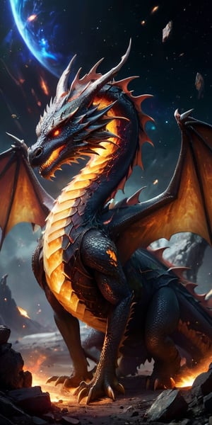  A majestic dragon with a body covered in scales that look like fragments of ancient, shattered planets, giving it a rugged, primordial appearance. Its wings are vast and segmented, each segment glowing with a soft, pulsing light. The dragon glides effortlessly through a field of cosmic debris, with the remains of destroyed worlds floating around it. In the distance, the light of a red giant star casts a warm, eerie glow over the scene, highlighting the dragon's ancient and powerful presence.
