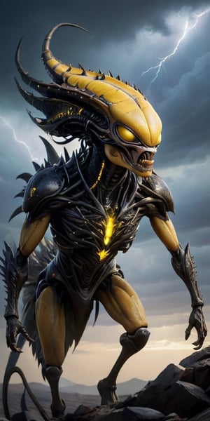 On a desolate, windswept alien landscape, a monstrous alien hybrid stalks its prey. Its body is covered in thick, leathery skin, with patches of armored plating providing additional protection. The creature moves on six powerful legs, each ending in razor-sharp claws that leave deep gouges in the rocky terrain. Its elongated head is adorned with multiple eyes that glow a menacing yellow, and its mouth is filled with rows of sharp, interlocking teeth. Along its back, a row of spiked ridges extends from its neck to its tail, which it uses to balance as it moves swiftly and silently. The alien sky is dark and stormy, with flashes of lightning illuminating the creature's terrifying form as it hunts, the wind carrying its low, guttural growls across the barren landscape.
