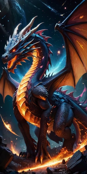  A majestic dragon with a body covered in scales that look like fragments of ancient, shattered planets, giving it a rugged, primordial appearance. Its wings are vast and segmented, each segment glowing with a soft, pulsing light. The dragon glides effortlessly through a field of cosmic debris, with the remains of destroyed worlds floating around it. In the distance, the light of a red giant star casts a warm, eerie glow over the scene, highlighting the dragon's ancient and powerful presence.
