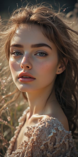 Close-up of a woman with effortless beauty, her hair flowing freely, no visible makeup, with her face lightly kissed by sunlight, creating a soft, ethereal glow, and a muted, blurred nature background.
