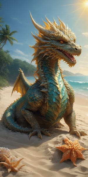 Craft a digital painting of a baby sand dragon basking on a sun-drenched beach. Give its scales a textured, sandy appearance, with hints of seashells and coral fragments embedded within. Depict the dragon playfully digging in the sand, leaving trails of tiny footprints, and let gentle waves lap at the shore, creating a sense of serenity.
