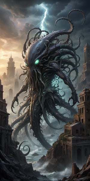 Vortex Spawn A creature with a swirling, tornado-like lower body and a torso covered in sharp, crystalline spikes. Its head is a writhing mass of tentacles, each tipped with a glowing eye. Its skin is a dark, stormy gray. The background features a devastated alien city, with ruins and debris scattered everywhere.
