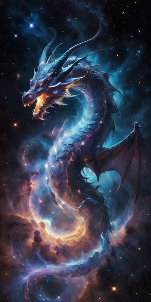 A cosmic dragon, its body a swirling vortex of stars and galaxies, with nebulae glowing softly within its translucent wings. It roars silently into the void, a beacon of majestic power and otherworldly beauty in the infinite expanse of space.
