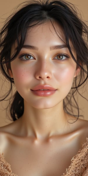 Close-up shot of a woman with simple beauty, wearing a soft smile, her natural skin tones glowing in the light, loose strands of hair framing her face, and a clean, minimalist background in soft beige.


