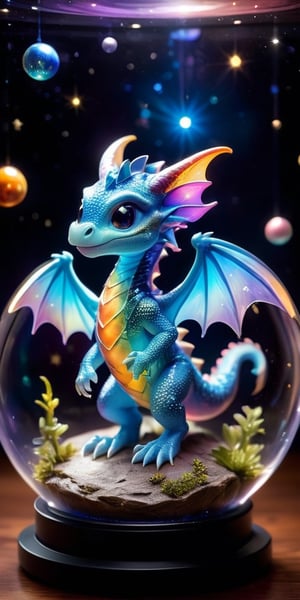 Galactic Playmate A baby dragon plays with a floating holographic projection of the solar system, swatting at the miniature planets and stars. The holographic lights cast a soft glow on its scales, making it look like a creature born of the stars themselves.