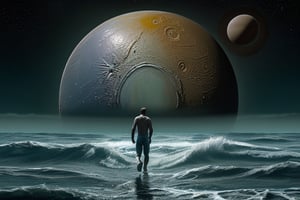 Ocean scene, man walking, planet of Pluto