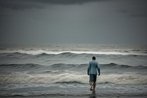 Ocean scene, masterpiece, man walking toward viewer, full moon, cloudy_sky, rough seas, --style raw--s400