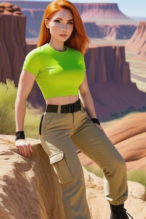 realistic looking Kim Possible wearing a (lime green top1:1.2) and  (light brown cargo pants 1:1.3), climbing a  cliff side, barren deserrt in the background

