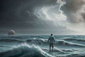 Ocean scene, man walking, planet of Pluto, cloudy, rough seas, --style raw--