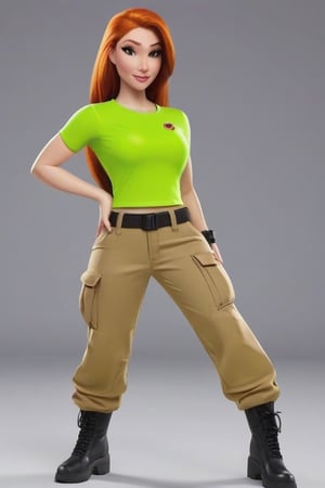 realistic looking Kim Possible wearing a (lime green top1:1.2) and  (light brown cargo pants 1:1.3), leaning_forward
