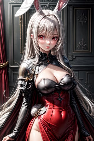 masterpiece, best quality, 1girl, white_hair, red eyes, long_hair, hair_past_waist,red_dress, long_sleeves ,bunny_ear,bunnygirl,longhair,female knight,no_cape,no_humans,Animal ear