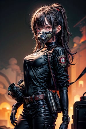 a girl wearing a gas mask and black shirt, in the style of rendered in maya, shilin huang, kidcore, alex petruk (ape), extruded design, uhd image, eye-catching