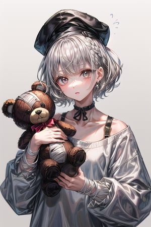 Girl wearing White Cap,Short White Hair,Hair Bangs,White eyes,Silver Eyelashes,Bandage on Cheek,Crux Immisia Style Earring,Waering Black Choker On Neck,Wearing White Sweater,Holding Teddy Bear Toy,(Best quality,Highest quality:1.4)