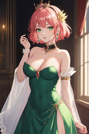 (masterpiece:1.2, best quality:1.2, beautiful, high quality, highres:1.1, aesthetic), detailed, extremely detailed, ambient soft lighting, perfect eyes, perfect face, 1girl, short pink red hair, hair ornament, normal breasts, red gatsby dress, strapless, dress can see through, show nipples, bare shoulders, sleeveless, wrist cuffs, detached sleeves, earrings, black choker, looking at the viewer, full body, slim body, green eyes,LuxuriousWheelsCostume, silver dress Princess crown