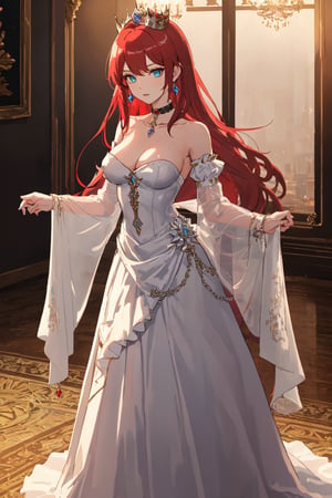 (masterpiece:1.2, best quality:1.2, beautiful, high quality, highres:1.1, aesthetic), detailed, extremely detailed, ambient soft lighting, perfect blue eyes, perfect face, 1girl, large red hair, hair ornament, normal breasts, red gatsby dress, strapless, dress can see through, show nipples, bare shoulders, sleeveless, wrist cuffs, detached sleeves, earrings, black choker, looking at the viewer, full body, slim body, green eyes,LuxuriousWheelsCostume, silver dress, princess silver crown