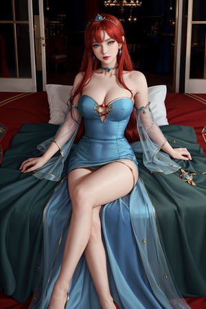 masterpiece:1.2, best quality:1.2, beautiful, high quality, highres:1.1, aesthetic), detailed, extremely detailed, ambient soft lighting, perfect blue eyes, perfect face, 1girl, large red hair, hair ornament, normal breasts, red gatsby dress, strapless, dress can see through, show nipples, bare shoulders, sleeveless, wrist cuffs, detached sleeves, earrings, black choker, looking at the viewer, full body, slim body, green eyes,LuxuriousWheelsCostume, black and blue dress, princess silver crown, long red hair,