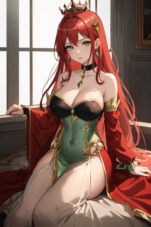 (masterpiece:1.2, best quality:1.2, beautiful, high quality, highres:1.1, aesthetic), detailed, extremely detailed, ambient soft lighting, perfect eyes, perfect face, 1girl, large red hair, hair ornament, normal breasts, red gatsby dress, strapless, dress can see through, show nipples, bare shoulders, sleeveless, wrist cuffs, detached sleeves, earrings, black choker, looking at the viewer, full body, slim body, green eyes,LuxuriousWheelsCostume, silver dress Princess crown