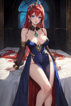 masterpiece:1.2, best quality:1.2, beautiful, high quality, highres:1.1, aesthetic), detailed, extremely detailed, ambient soft lighting, perfect blue eyes, perfect face, 1girl, large red hair, hair ornament, normal breasts, red gatsby dress, strapless, dress can see through, show nipples, bare shoulders, sleeveless, wrist cuffs, detached sleeves, earrings, black choker, looking at the viewer, full body, slim body, green eyes,LuxuriousWheelsCostume, black and blue dress, princess silver crown,