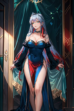 masterpiece:1.2, best quality:1.2, beautiful, high quality, highres:1.1, aesthetic), detailed, extremely detailed, ambient soft lighting, perfect blue eyes, perfect face, 1girl, large red hair, hair ornament, normal breasts, red gatsby dress, strapless, dress can see through, show nipples, bare shoulders, sleeveless, wrist cuffs, detached sleeves, earrings, black choker, looking at the viewer, full body, slim body, green eyes,LuxuriousWheelsCostume, black and blue dress, princess silver crown, ,fate/stay background