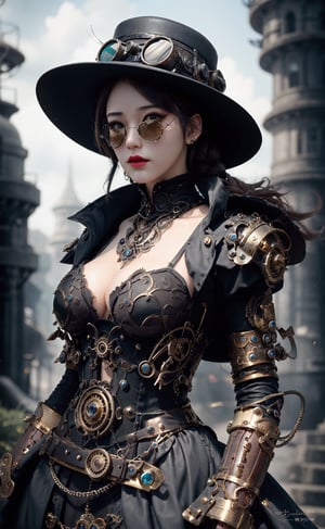 close up, 1girl, lady in the hat and round steel gear, retro sunglasses, victorian dress, shiny skin, cinematography, crafted, elegant, meticulous, magnificent, maximum details, extremely hyper aesthetic, intricately detailed, supersteampunk style