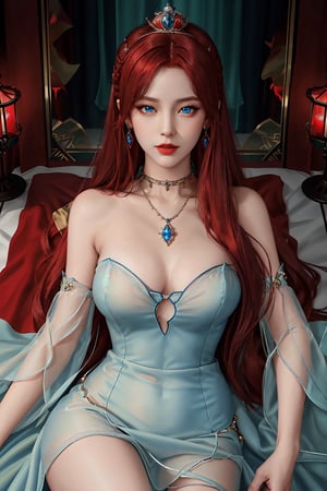 masterpiece:1.2, best quality:1.2, beautiful, high quality, highres:1.1, aesthetic), detailed, extremely detailed, ambient soft lighting, perfect blue eyes, perfect face, 1girl, large red hair, hair ornament, normal breasts, red gatsby dress, strapless, dress can see through, show nipples, bare shoulders, sleeveless, wrist cuffs, detached sleeves, earrings, black choker, looking at the viewer, full body, slim body, green eyes,LuxuriousWheelsCostume, black and blue dress, princess silver crown, long red hair,