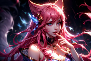 hot(masterpiece, top quality, best quality, official art, beautiful and aesthetic:1.2), (1girl), extreme detailed (masterpiece, top quality, best, official art, beautiful and aesthetic:1.2),Ahri KDA Character, looking you, office suit, bite finger, female, long black and gold hair, content, scoundrel, chains, justiciar, vile, glowing eyes, rain, Ahri, KDA,ahri