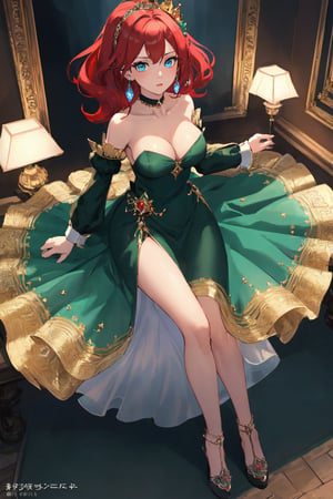 (masterpiece:1.2, best quality:1.2, beautiful, high quality, highres:1.1, aesthetic), detailed, extremely detailed, ambient soft lighting, perfect blue eyes, perfect face, 1girl, large red hair, hair ornament, normal breasts, red gatsby dress, strapless, dress can see through, show nipples, bare shoulders, sleeveless, wrist cuffs, detached sleeves, earrings, black choker, looking at the viewer, full body, slim body, green eyes,LuxuriousWheelsCostume, green, blue and black dress, princess silver crown