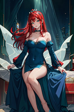 masterpiece:1.2, best quality:1.2, beautiful, high quality, highres:1.1, aesthetic), detailed, extremely detailed, ambient soft lighting, perfect blue eyes, perfect face, 1girl, large red hair, hair ornament, normal breasts, red gatsby dress, strapless, dress can see through, show nipples, bare shoulders, sleeveless, wrist cuffs, detached sleeves, earrings, black choker, looking at the viewer, full body, slim body, green eyes,LuxuriousWheelsCostume, black and blue dress, princess silver crown, 