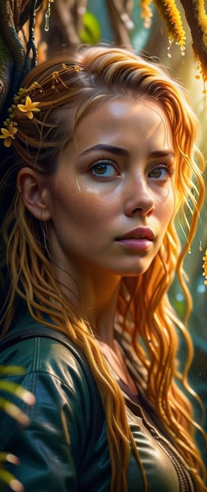 Cinematic results,  intricate ultra detailed portrait picture of a woman with honey hair climbinga tree,  work of beauty and complexity, 8kUHD, spanish moss background with tiny flowers,ColorART,hyper real extra effect add, waterfall,  golden hour ,fire element,cyberpunk style