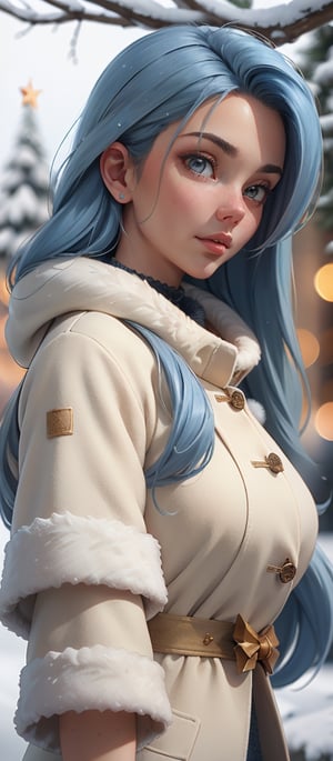 From below, Cinematic professional results, ultrarealistic hyperdetailed, Christmas wonder, beautiful woman dressed in winter clothing playing in the snow, bokeh, 8kUHD,  with long flowy blue hair,  winterscape 