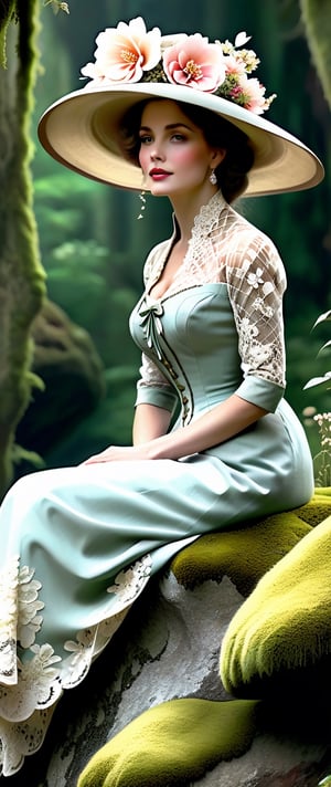 Intricate detailed imagine of a beautiful vintage woman wearing a large hat with flowers, elegant seated on a mossy rock,  expansive,  work of beauty and inspiration, flowercore, 8kUHD,   Harrison fisher style,   ultradetailed realistic, flowers, cinematic results, lace, delicate,  romantic,  1800's 