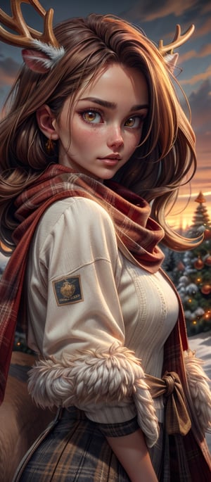 Winterscape, cinematic results, professional results, ultradetailed, amber glow, sunset,  golden hour, snowscape scenery, beautiful woman near a deer, christmas vibes, hyperdetailed,  8k UHD,  red scarf blowing in the wind,  red plaid outfit , long flowy hair,  portrait,  close-up 