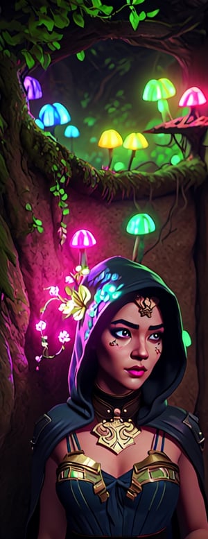 Imagine a beautiful mysterious enchantress wearing an intricate hood-cape while walking through an enchanted forest with bioluminescent elements such as glowing mushrooms and neon looking plants, a large blossoming tree adds a extra touch of beauty, detailed and elaborate work of art eliciting a sense of magic and beauty, detailed face, 8k UHD ,yu fuhua,perfecteyes,kitana,FFIXBG,arcane style
