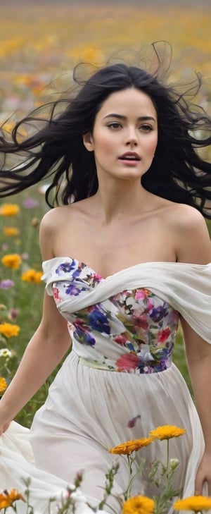 Intricate detailed colorful image of a beautiful woman walking on a field of wild flowers,  wind blowing swaying her her and clothes, swirl elements,  whimsical,  ultradetailed ultrarealistic face, black hair,  white dress, Harrison fisher style,  alberto seveso style,  8kUHD,  cinematic professional results 