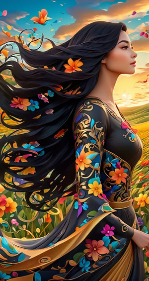 beautiful woman with long flowy black hair blowing with the wind, colorful floral tattoos covering her body, walking through a field with flowering vines, work of beauty and complexity with intricate elements that differentiate this imagine from other, 8k UHD, jason naylor style, colorful rendition, curvy_hips, EpicSky,Cubist artwork ,3d style, sunset sky,  amber glow 