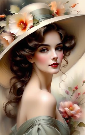 Intricate detailed oil painting imagine of a beautiful vintage woman wearing a large hat with flowers, elegant,  expansive,  work of beauty and inspiration, flowercore, 8kUHD,  oil painting,   Harrison fisher style 