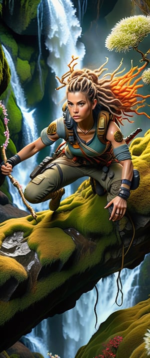 Aereal view, Wide-angle viewed from above, Cinematic results,  intricate ultra detailed portrait picture of a female warrior with flowy hair climbing a mossy rock,  work of beauty and complexity, 8kUHD, spanish moss background with tiny flowers,ColorART,hyper real extra effect add, waterfall,  golden hour ,fire element,cyberpunk style,composed of fire elements