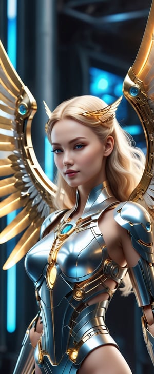 Detailed imagine of a beautiful cybernetic angel with magnificent metal avian wings, golden hair blowinginthewind, ultradetailed ultrarealistic human feminine face, selective focus highlights the intricate details of its rotating metallic parts and elaborate costume, enhancing the otherworldly presence. Solarization effects add a mystical glow to the scene, creating a breathtaking and visually stunning depiction of a futuristic celestial being. playful body manipulations, divine proportion, non-douche smile, gaze into the camera, holographic shimmer, whimsical lighting, enchanted ambiance, soft textures, imaginative artwork, ethereal glow. 8kUHD 