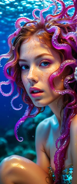 Ultra detailed Ultra realistic image of a beautiful woman seated on a rock, her hair resembling translucent tentacles,, work of beauty and complexity, alberto seveso style, magenta-blue iridescent glow, 8kUHD, back-lit, seethrough, jellyfish swimming background and foreground, colorful, dripping iridescent oil, ultradetailed ultrarealistic face, freckles, underwater, hand near face, intense eyes, sharp focus on eyes 