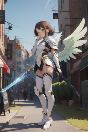 1 girl, angel, white armor, golden details, beautiful, skinny, teen loli, 16 years, sexy, looking_at_viewer, brunette, green_eyes, hand on face, full_body, standing_up, cute, large_wings, city_background, fire-sword on hand