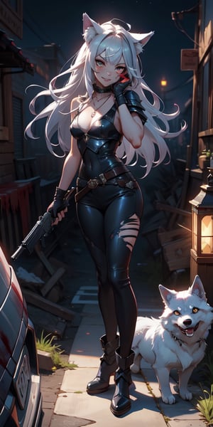 1 girl, lycanthrope, wolf ears, reaveling clothes, short, night, dark, leather armor, gothic, dark silver details, beautiful, skinny, teen loli, 16 years, sexy, looking_at_viewer, long_hair, silver_hair, amber_eyes, hungry for blood expression, full_body, standing_up, cute, upper view, destroyed city_background, holding a gun, menace looking, 8k wallpaper, masterpiece, great definition, detailed face, demi smile showing a canine,blood on her hands, fangs, upper_view, full_body, hand on her face, female_solo, cross necklace 