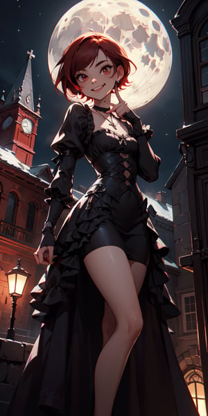 cute, skinny, brown_skin, short revealing victorian dress, gothic, dark colors, menacing looking, licking finger with tongue, blood, terror, horror, night, industrial architecture background, victorian architecture background, looking_at_viewer, femme fatal, demi-smile, red_hair, full_body, small_breast, red_eyes, loli, petite, whearing a necklace with a silver compostela cross, short-hair, moon light,