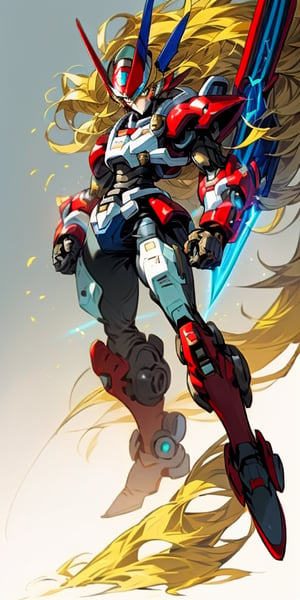 zero from megaman x, man,  red armor, cyborg, holding a laser blue sable on right hand, blond medium large hair, helmet with a blue emerald, gold details, full_body, 3/4 frontal view, looking_at_viewer