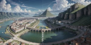 a city laid out symmetrically, with 5 circules sectors separated by four causeways or canals surrounding the central area. the central area has a great golden pyramid, temples for other gods, and the rulers