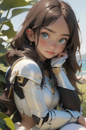 1 girl, angel, white armor, golden details, beautiful, skinny, teen loli, 16 years, sexy, looking_at_viewer, brunette, green_eyes, hand on face, full_body, warrior, full-body_portrait