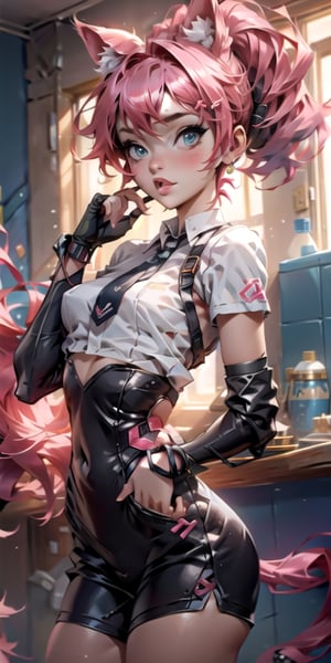 girl, cat ears, cute, one hand on her face, looking_at_viewer, shorts, small blouse, big headphones, pink hair clip, full_body, blue_hair, green hair points, ponytail, showing tongue, blinking, super cute,  small breasts, 8k, ultra high definition, unreal engine, full hd,ohara koson